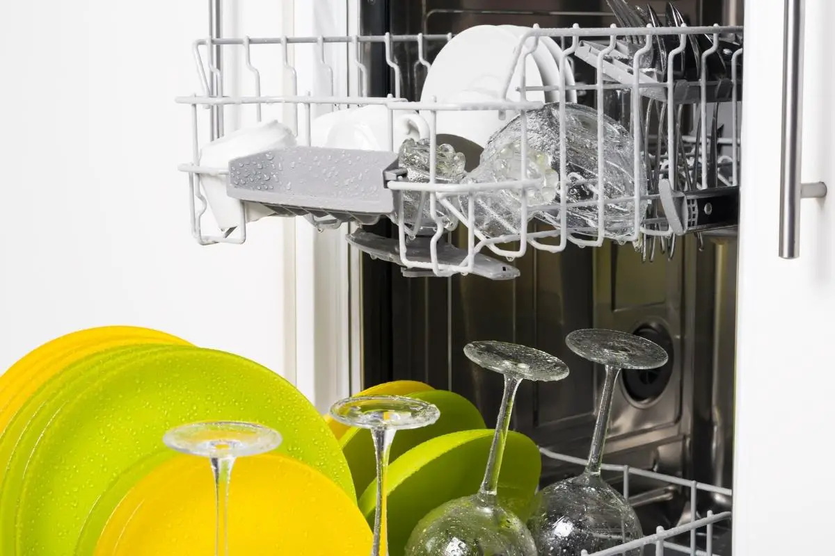 wet dishes in a dishwasher